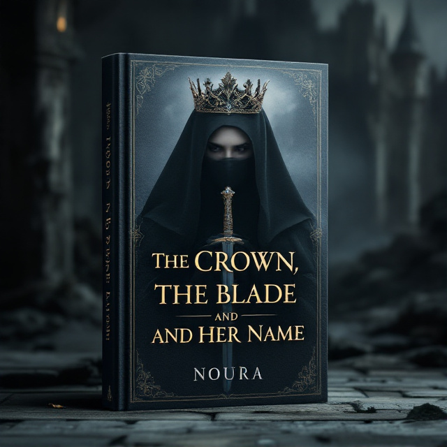 A veiled woman in traditional historical attire is positioned slightly off-center. The woman’s figure is shrouded in shadows, her face obscured by the veil. On her head rests a classic ornate crown glowing faintly to catch attention. In her hand, partially visible, she’s gripping a sharp, glistening blade. A crumbling castle is faintly seen in the backdrop, surrounded by dim, foggy lighting that gives a tragic and melancholic feel. The overall tones are muted with deep, desaturated hues of gray, silver, and dark blue, symbolizing sorrow and history, while soft golden accents highlight the crown and the blade.