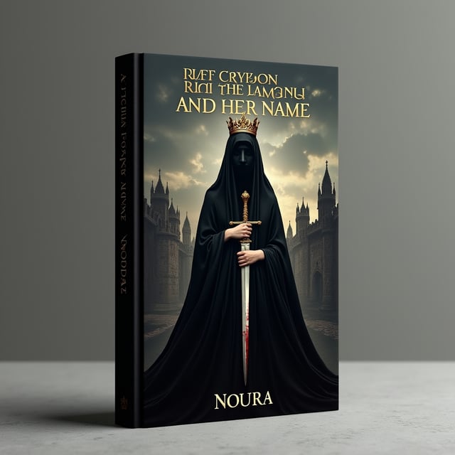 A veiled woman in flowing black robes stands in silhouette against a dark and moody background. The crown is faintly glimmering atop her head, made of intricate, antique gold detailing. In her hand, she holds an elegant, blood-streaked blade, its sharpness shining subtly. The backdrop features soft, faded textures of an ancient stone castle, with a slightly cloudy and desolate sky above, adding an air of historical sadness. The woman's features are obscured, adding mystery to her identity and emphasizing "a name" as a motif.