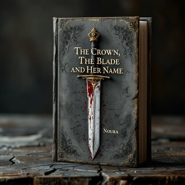 A sorrowful scene depicting a broken, slightly tarnished crown resting beside a bloodstained blade on an aged, cracked wooden table. Surrounding the scene are faded ink patterns, resembling handwritten letters from the historical period, lightly blurring into the textured background. In the distance, there's the faint silhouette of a crying figure, cloaked and holding herself despairingly. The entire design uses a desaturated, muted palette of grays, dark golds, and antique reds.