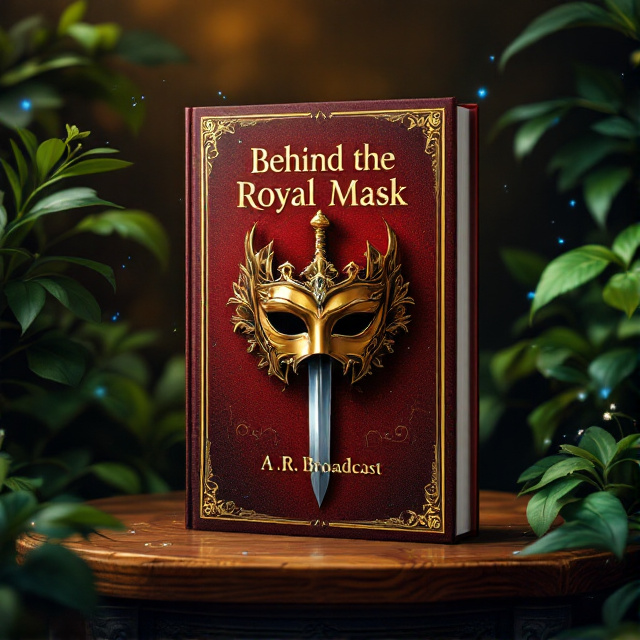 A golden royal mask is prominently placed at the center, slightly tilted. Overlapping it at a diagonal angle is a sleek silver sword with glistening reflections. The background is filled with lush, vibrant greenery on both sides, creating a regal and enchanting frame. Delicate blue accents, such as iridescent fireflies or mystical swirls, are scattered subtly across the design to add depth and fantasy allure. A faint red-to-gold gradient is present in the backdrop, giving it a rich, majestic tone that enhances the fantasy and regal vibes.