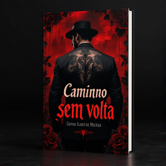 A dark, mysterious cover with the back of a muscular man in a tailored black suit taking center stage. His back is tattooed with intricate designs symbolizing power and danger. Black roses with blood dripping off the petals are arranged subtly around the edges of the composition. The background is a gradient of deep black fading to blood red at the bottom, giving a sense of danger and intensity. A faint shadow of a skyline in the background hints at an urban, mafia setting.