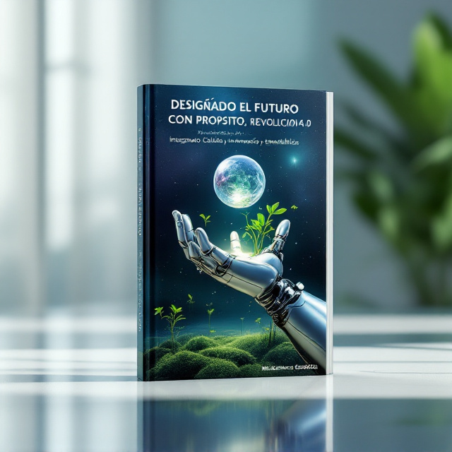 A hyperrealistic digital art piece featuring a blended gradient background, transitioning from a deep, cosmic blue at the top to an earthy emerald green at the bottom. In the center of the cover, a hybrid human-robot metallic hand with soft, futuristic contours is prominently displayed. Tiny green sprouts and delicate organic roots grow from the fingertips, symbolizing the fusion of nature and technology. Emerging from the palm of the hand is a semi-transparent, futuristic cityscape made of glass and steel, with buildings illuminated by soft natural light. Circuitry designs run subtly from the bottom of the frame, blending seamlessly into the roots. The background features a warm, glowing sunrise at the horizon, radiating optimism and progress.