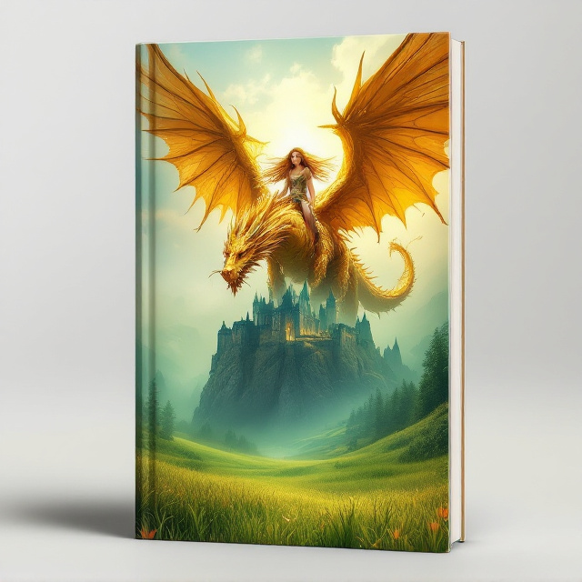 A teenage girl with radiant golden flowing hair, dressed in intricate Viking attire, is positioned prominently riding an enormous golden dragon. The dragon's wings are open mid-flight, exuding a luminous, otherworldly glow against a backdrop of light blue, cloudy skies. Ahead of them is a mysterious, gothic-style castle seated on a rocky cliff; the castle is shrouded in light green mist, suggesting mystery and suspense. Below them lies a vast meadow of lush, vibrant green fields that appear serene yet slightly ominous under faint shadowing. The overall atmosphere gives off hints of fantasy, horror, and awe, capturing the essence of the story.
