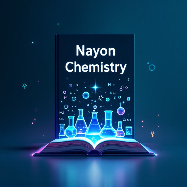 A glowing open chemistry book placed at the center of the cover with atoms, molecules, and glassware (flasks, test tubes, and beakers) floating upward. Soft glowing blue and teal particles surround the floating elements. In the background, there is a gradient blend of navy blue to teal with subtle formulas (H₂O, CO₂, NaCl) and periodic table blocks faintly visible in silver. A Bohr model atom and benzene ring float near the upper edges, and a softly lit Bunsen burner is subtly placed at the bottom left.