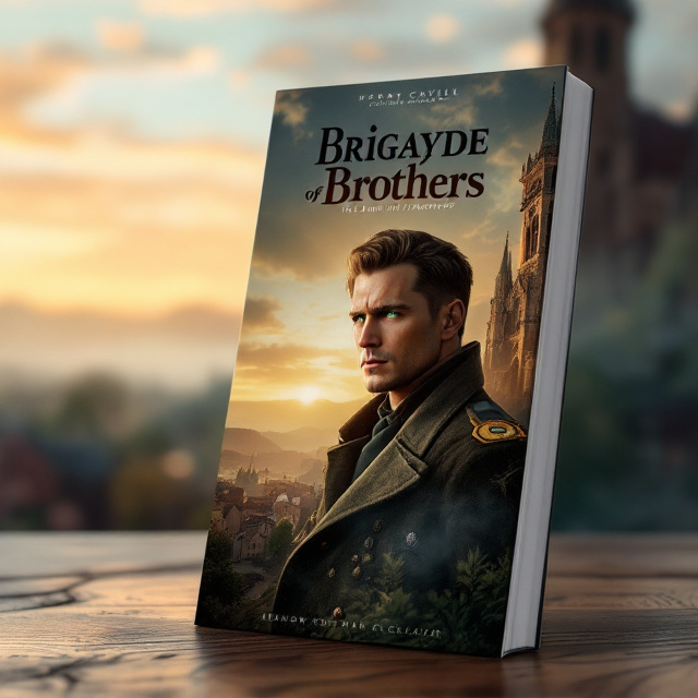 The cover portrays the town of Rothenburg and the majestic Gothic church occupying the right side of the image, their medieval architecture bathed in warm sunlight. On the center-left, an open sky stretches, vibrant with hues of blue and orange from the setting sun. At the forefront, Birger, resembling Henry Cavill with green, piercing eyes, stands as the focal point. His Wehrmacht uniform is detailed subtly to hint at his backstory without glorifying it. He is positioned looking off into the horizon with a stern yet conflicted expression. His Bavarian-style jacket and attire suggest his cultural ties. Surrounding him are faint silhouettes of dark hills that fade into mist, symbolizing the mysterious and dangerous journey ahead.