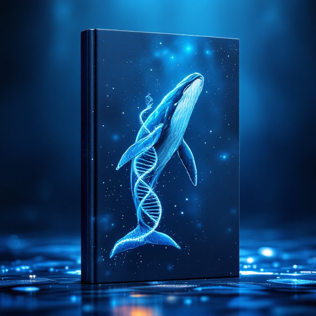 A stunning underwater scene filled with deep ocean blue hues that fade into darkness at the edges, evoking the depths of the sea. A realistic, gracefully swimming blue whale dominates the center, with a faint, glowing double helix DNA structure intertwined around it, almost like a trail of light. Small glittering bubbles rise around the DNA and whale, creating a magical effect. Subtle textures resembling ocean currents flow across the background.