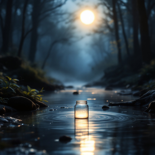 A quiet, reflective scene of a creek bed under a shimmering full moon. The woods surrounding the creek are dense and shadowy, with faint beams of moonlight peeking through the trees. At the center foreground, an empty mason jar lies on its side, partially submerged in the clear, shallow water of the creek. The jar reflects the moonlight subtly, creating a glowing focal point. Mist hovers gently above the creek, adding mystery and depth. The color palette features deep blues, silvers, and soft warm highlights to evoke peace and intrigue.