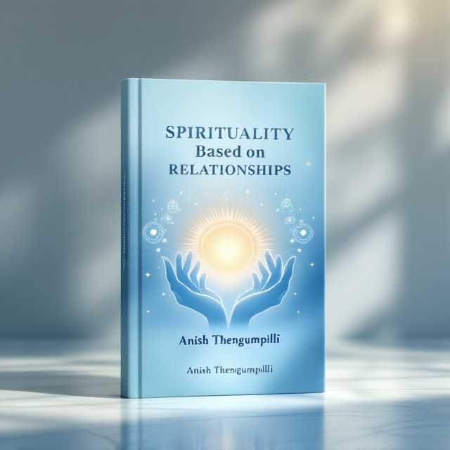 A serene, soft blue gradient background symbolizing peace and tranquility. In the foreground, two hands reaching gently towards one another, outlined in white, suggesting connection and relationships. Faint white circular patterns or mandalas radiate outward, giving a spiritual and meditative feel. A warm golden glow emerges subtly behind the hands, signifying divine or spiritual love.
