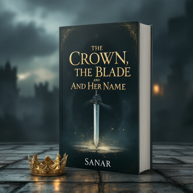 A shadowed figure of a woman stands in the center of the cover, holding a polished blade shining subtly under diffused light. A cracked golden crown lies at her feet on ancient, weathered stone tiles. The backdrop features a distant medieval castle with mist encasing it, portraying an ancient and tragic atmosphere. The sky above is grim, with hues of deep indigo and gray representing despair. Her face is partially turned downward, revealing a conflicted expression.