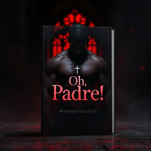 A shirtless, muscular priest with a chiseled physique stands in a dimly lit confessional booth, partially veiled by soft shadows. A prominent silver cross pendant dangles from his neck, catching the faint red light emanating from a stained-glass window in the background. The setting is dominated by dark tones and vivid crimson highlights that evoke both sensuality and forbidden allure. Subtle smudges of smoke or mist add atmosphere, giving the design a foggy, seductive implication.