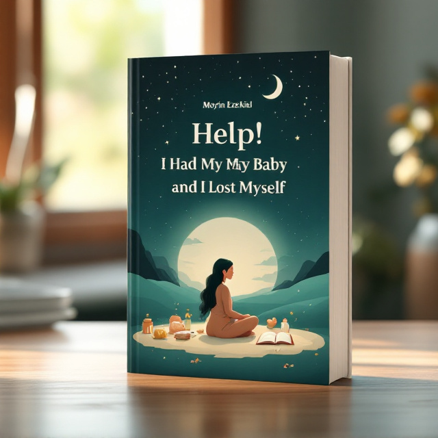 The cover features a soft, calming illustration of a mother sitting peacefully under a crescent moon in a serene setting, with baby toys and objects like a bottle and blanket scattered symbolically around her. The backdrop is a smooth blend of navy blue and emerald green hues with soothing gradients to create a sense of warmth and calmness. Radiating lines of light encircle the mother, representing balance and self-discovery, while a small, open book lies beside her symbolizing her journey toward joy and personal growth.