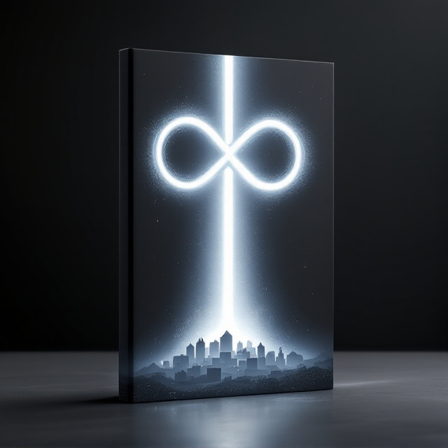 A glowing infinity symbol made of flowing white light streams is at the center of the pure black background. The infinity symbol is dynamic, with radiant edges and glowing particles dispersing around it. A vertical pillar of bright white light cuts through the center of the infinity symbol and extends from the top to the bottom of the cover. Below the central beam, a shadowy, minimalist silhouette of a small village with 5-7 geometric structures sits, defined subtly by white highlights reflecting from the light above. At the bottom of the page, thin, radiant white lines converge toward the central silhouette, spreading upward, creating the effect of energy rising into the village. The overall design is minimal, clean, and dramatic, with stark contrast between the glowing elements and the black background.