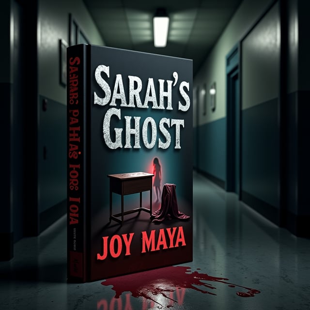 A dimly lit, decrepit school hallway stretched into darkness with flickering overhead lights. A single desk sits abandoned at the center of the hall, its surface smeared with a faint stain of blood. A crumpled and bloodstained school uniform lies on the floor nearby, partially in shadow. The silhouette of a girl, slightly translucent to hint at being a ghost, is faintly visible at the far end of the hallway. The floor is scuffed and shadowed, with faint streaks of what appears to be dried blood leading into the darkness.