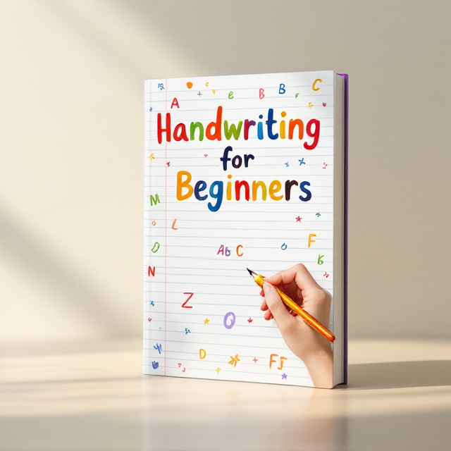 A cheerful hand-drawn illustration of a child’s hand holding a pencil, creating playful doodles on lined paper. The lined paper fills the background with subtle primary-colored ABCs (red, yellow, green, blue, and purple) scattered around the page. The ABCs are slightly tilted in a fun, dynamic way. The title “Handwriting for Beginners” is prominently displayed at the top, following the curve of the lined paper.