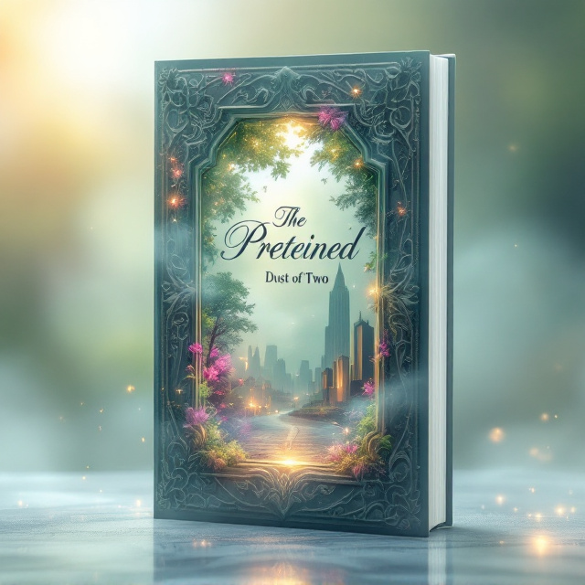 An ethereal glowing portal mirror is positioned centrally on the cover, with its frame etched in intricate, fairy-like carvings. The left side of the mirror reflects a lush, enchanting fairy world with glowing flowers, misty trees, and twinkling lights, while the right side displays a stark human cityscape with muted tones, tall buildings, and shadows. The background outside the portal has a dreamy gradient of pastel nude shades blending into soft greens and blues, with hints of shadows adding depth. Subtle mist swirls around the portal, giving it a magical aura.