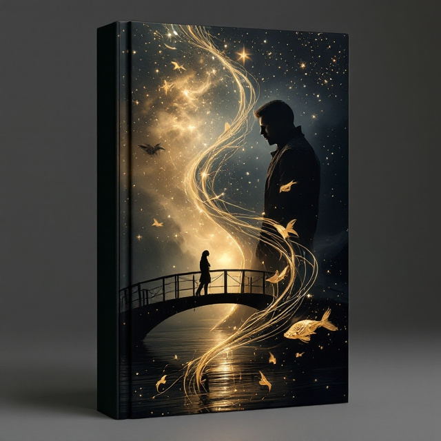 A dark and dramatic split-style cover, divided diagonally from the bottom left to the top right. On the left side, a radiant and ethereal light emanates, enveloping the silhouette of the heroine, Евгения. She stands on a bridge over a softly glowing river, her brunette curls and heterochromatic eyes catching faint starlight. The bridge in the background extends to the darker right side, where the hero, Матвей, is partially in shadow, his sharp features marked by a cold intensity. Swirling, abstract golden fish motifs float in the middle—connecting both sides—as if weaving their destinies through light and darkness. Above, a canopy of subtle stars reflects hope and mystery.
