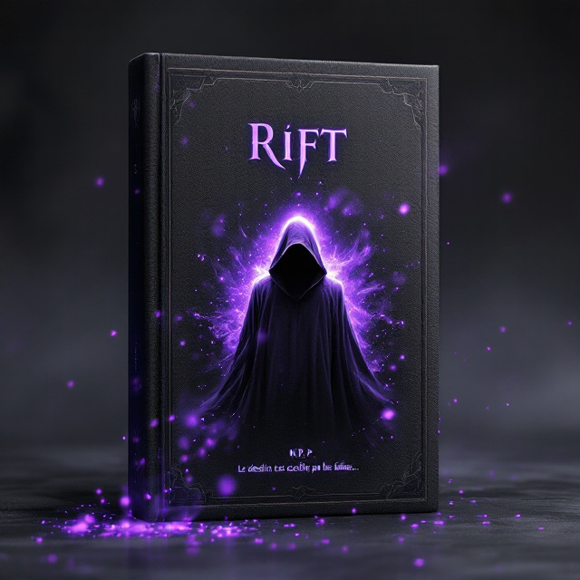 A matte black textured cover appears like aged leather, with subtle distressed markings giving it a worn and mysterious appearance. Prominently in the center, an enigmatic figure stands with their back to the viewer, wearing a deep hooded cloak. They are surrounded by swirling violet particles that emit a faint glow, adding a sense of vibrancy against the dark background. The particles evoke movement and energy, encircling the figure in a mystical halo.