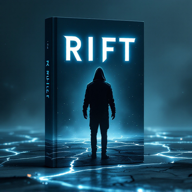 A dark and moody background depicting a desolate, futuristic cityscape cloaked in shadows. In the foreground, the back of a lone man wearing a hood is prominently visible, his figure outlined in dim light, creating an air of intrigue. The hooded figure stands on a cracked ground with a faint glow emanating from mysterious fissures (rifts) below him. Small, ethereal particles float around, adding an otherworldly and mysterious effect. A black-dominant palette is used, with subtle hints of deep blue and gray tones.