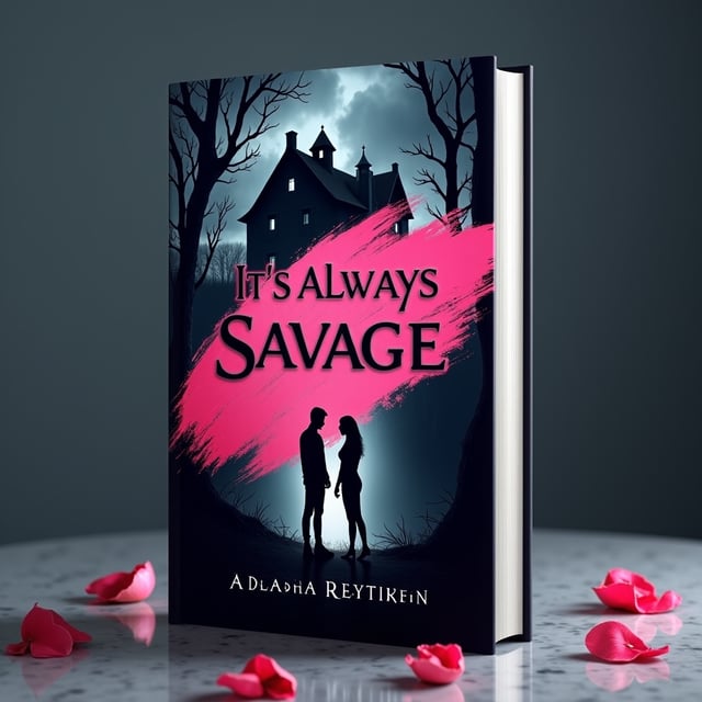 An ominous, stormy sky fades into the imagery of a dark, crumbling mansion with twisted vines clawing their way up its walls. Silhouettes of two shadowy figures are visible—one male and one female—standing several feet apart in a tense, suspenseful stance. A glossy smear of pink, resembling smeared lipstick or blood, is splashed diagonally across the cover, cutting through the darkness and drawing attention. Romantic roses, wilting and darkened in tone, appear subtly scattered around the lower corner like fallen petals.