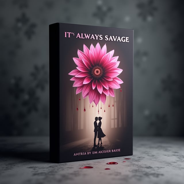 A dark, moody background with swirling shadows framing a vibrant pink dahlia at the center. The flower, slightly wilted, appears as if it’s radiating a soft light, casting faint glowing hues against the dark edges. Petals from the dahlia scatter downward, transforming into abstract shapes resembling drops of blood. In the foreground, a faint silhouette of two figures stands in a passionate yet tense pose, their outlines sharp but partially obscured by the shadows – evoking romance and fear.