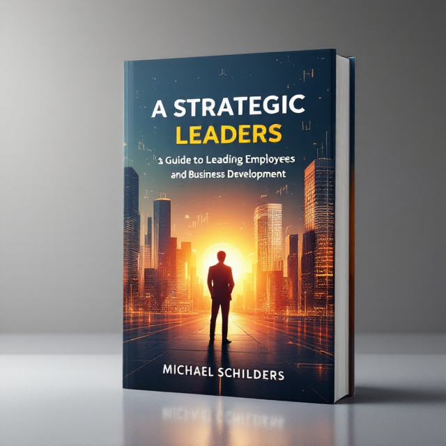 The cover features a bold silhouette of a leader standing tall and facing a futuristic, glowing cityscape at sunset. The city is adorned with semi-transparent graphs, bar charts, and line charts that fade seamlessly into the upper part of the sky, symbolizing business growth and strategy. The overall color palette includes deep blues and golds with hints of vibrant orange for a sense of innovation and authority.