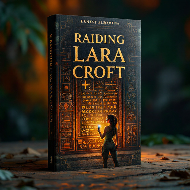 A striking cover features Lara Croft standing with her iconic green tank top, short khakis, and small orange-lensed round glasses. She is depicted in an adventurous pose gazing at an intricately detailed temple wall, which is illuminated by the glow of her flashlight. The textured ancient wall behind her is engraved with mysterious, glowing scripts that radiate beauty and power. Subtle dark orange tones dominate the background, complemented by a golden light shining softly down from the top corner, adding depth and wonder.