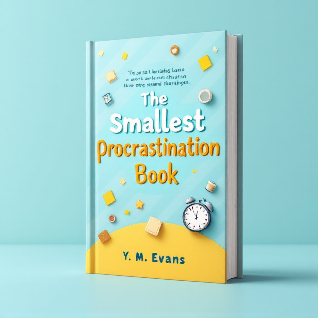 A playful, cartoonish timer illustration softly tumbling over the edge of the book, symbolizing "small" procrastination. Bright, cheerful colors like yellow, sky blue, and white dominate the composition, creating a fun and inviting visual. The background is clean yet dynamic, with subtle, wavy diagonal lines going across in light pastel shades. Floating near the timer are small, quirky doodle-like icons (like sticky notes, an hourglass, and a coffee cup), sprinkled sparingly to keep the look light.
