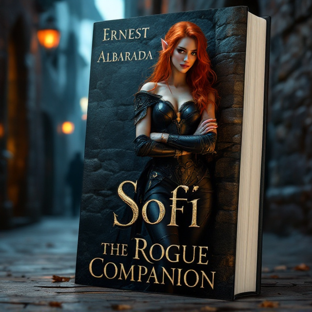 The cover shows a striking illustration of a female elf leaning against a dark, medieval stone wall. She has vibrant, fiery red hair flowing down her shoulders, standing out against the dark tones of the background. Her posture exudes confidence and mystery; her arms crossed, she gazes directly at the reader with a sly, knowing smile. The black leather armor she wears is detailed with subtle engravings, blending functionality and elegance. Dim, flickering torchlight illuminates the wall and highlights her figure, while the rest of the background fades into shadowed alleyways, emphasizing her presence.