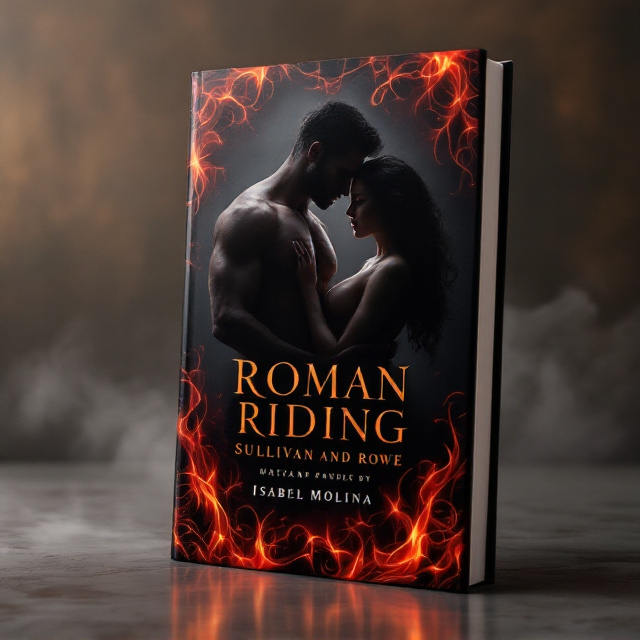 A shadowed, mysterious man with a chiseled jawline stands in a dark space, holding a woman closely to him. The woman’s body is slightly silhouetted, her legs wrapped around the man’s waist. Their faces are turned slightly away, emphasizing the tension, closeness, and secrecy between them. Swirls of fiery red and orange flame-like patterns form a glowing border around the cover, contrasting against the black background. Subtle, almost smoky textures envelop parts of the background, enhancing the dark, romantic feel.