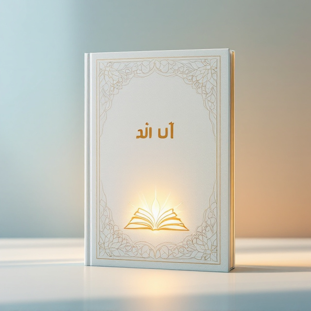 A minimalist, modern gradient background with shades of pastel blue and soft beige, representing calmness and spirituality. A subtle floral Islamic geometric pattern overlays the edges. Centered is a symbolic, abstract icon of an open book with soft glowing light emanating from it. Simple, elegant borders frame the entire cover, with subtle embossing for visual depth.