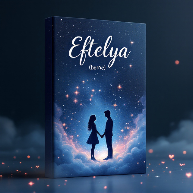 A dark navy blue (lacivert) starry night background with an ethereal quality, featuring scattered, shimmering stars. At the center, there’s a delicate and slightly transparent silhouette of a young girl and a young boy standing slightly apart but facing each other. The figures have a dreamy, painterly style, with soft edges, blending gently into the starry background. Romantic, cascading clouds of light pastel tones (faint pink and white) surround them subtly, creating a sense of connection.