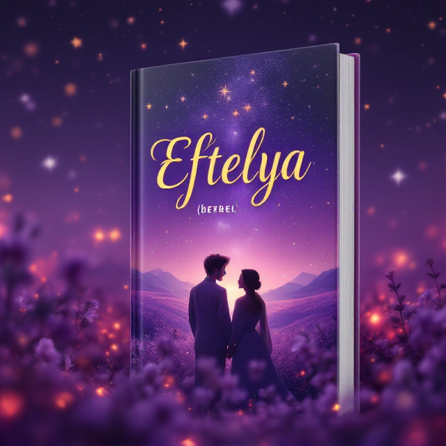 A night sky illuminated with silver stars serves as the backdrop. In the foreground, a silhouette of a young woman and man stand with their backs turned to the viewer, subtly facing each other, creating a balance between mystery and romance. They are set amidst a dreamy field of glowing violets, with hints of soft red hues symbolizing passion. The stars above twinkle in shades of silver and gold, blending seamlessly with the purple-tinted night horizon. The intricate details of their clothes hint at their rural or traditional culture.