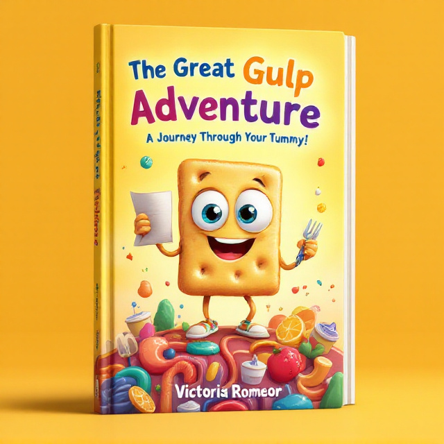 A cheerful, anthropomorphic cracker character with big googly eyes and a wide smile is featured in the foreground. The cracker is mid-bounce, holding a map in one hand and a fork in the other, standing on a colorful, cartoon-style depiction of the human digestive system (esophagus, stomach, intestines, etc.) rendered with vibrant, playful colors. The background is a warm yellow, fading into orange tones, giving a sense of joy and excitement. Small, happy food items and digestive elements (like yogurt cups, enzymes, and bubbles) are scattered throughout the scene, interacting with the cracker character.