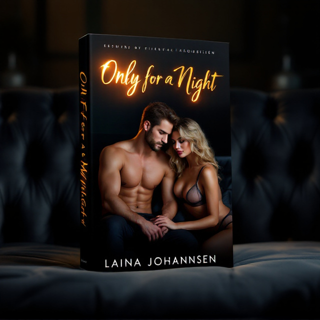 A dimly lit room with soft, moody lighting to set the sultry tone. The background showcases an elegant, shadowy couch with velvet textures. The boy is sitting on the couch with a confident, relaxed posture, his shirtless torso glowing subtly under dim golden light, emphasizing his defined muscles. Standing over him slightly, the girl leans towards him, her voluminous wavy blonde hair cascading down her shoulders. She’s dressed in a delicate, sheer lingerie set that catches the light subtly. Their chemistry is steamy and intimate, as their gazes lock, capturing the forbidden allure of the story.