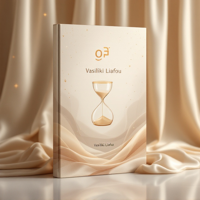 Soft, flowing ecru-colored satin fabric cascades down the cover like a luxurious curtain, occupying the bottom half. Above it, a tranquil, abstract beige-and-cream gradient background provides a serene yet uplifting backdrop. In the center, there is a minimalist golden hourglass subtly hinting at boundaries and the concept of measured or mindful living. The hourglass is semi-translucent, blending seamlessly with the satin and background. Elegant embellishments of golden sparkles scatter through the background, evoking a sense of optimism and hope.
