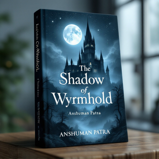 A gothic, towering castle with sharp spires, looming over a valley shrouded in mist. The castle is illuminated faintly by a pale silvery moon, and the night sky above glitters with stars. The foreground features dark, gnarled trees framing the edges of the cover, creating a natural vignette. The texture of the mist flows around the base of the castle, creating an atmosphere of mystery and silence.