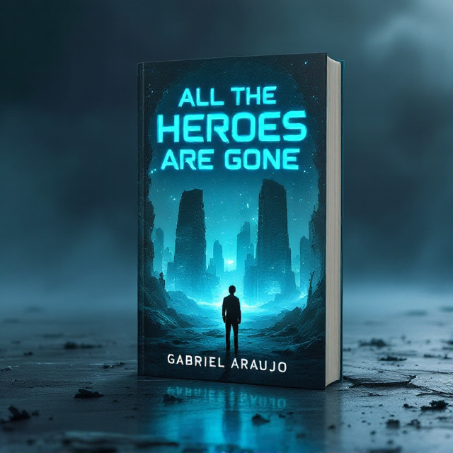 The cover depicts a desolate, futuristic cityscape with towering, crumbling skyscrapers, dimly lit by an eerie, blue-green glow of artificial lights. In the foreground, a lone human figure stands in shadow, gazing at the broken towers, suggesting loss and hope. Shadows of faceless humanoid robots are subtle in the background, blending into the mist. The setting has a cold, metallic aesthetic with strong contrasts of darkness and neon highlights, evoking the emptiness of a post-apocalyptic sci-fi world.