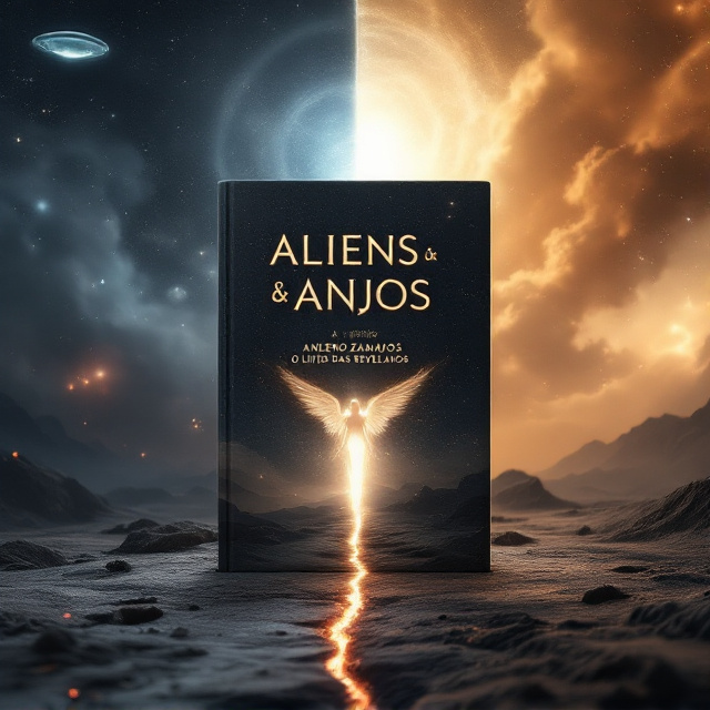 A surreal, celestial landscape with a split background—half depicting a dark, starry cosmos with a glowing extraterrestrial figure (the Alien) hovering above, and the other half portraying a radiant, ethereal heaven with an angelic figure descending gracefully. The two figures face each other, separated by a faint, glowing crack in the terrain below, symbolizing the meeting of their realms. Subtle symbols of mystery (e.g., runes or enigmatic light patterns) are scattered between their sides.