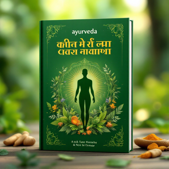 A tranquil, nature-inspired visual with a vivid green background symbolizing health and wellness. A central illustration of a slim, healthy silhouette surrounded by leaves and herbal elements such as tulsi, neem, and turmeric, which signify Ayurveda. Subtle golden rays emanating from the figure behind it, evoking vitality and energy. A decorative mandala-inspired frame subtly blends into the background, capturing an Ayurvedic essence.