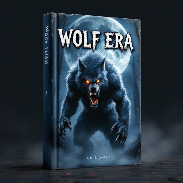 A fierce, muscular werewolf captured mid-roar is positioned at the center of the cover, its sharp teeth bared and glowing amber eyes blazing with fury. The towering silhouette of the full moon dominates the top background, casting an eerie silver glow on the edges of the werewolf’s fur. Shadows of a dark forest fade into the bottom background, adding depth and a hint of mystique. The cover has a heavy focus on dark tones—deep midnight blues, blacks, and silvery highlights. Swirling mists curl around the werewolf’s feet, adding a sense of movement and menace.