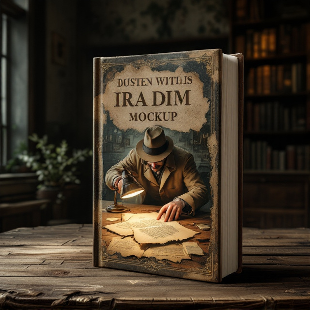 The book cover features a dimly lit vintage house interior. At the center of the design is an old wooden table. A detective in a trench coat and fedora is bent over the table, intensely examining a torn, aged piece of paper under the warm glow of an antique table lamp. A magnifying glass is in the detective's hand, highlighting his investigative role. The background includes vintage bookshelves, a shadowy corner, and faded wallpaper to establish the scene’s old-world charm.