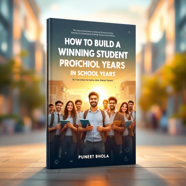 The cover prominently features a group of Indian school students in uniforms, standing confidently in an open school courtyard, with notebooks in hand. The students appear joyful, facing the reader with a soft golden glow behind them, emphasizing success and aspiration. The background transitions softly from a gradient sky (blue to orange hues) to the shadow of a school building in the backdrop. Subtle educational icons, such as books, light bulbs, and laurels, are faintly illustrated around the edges, blending into the composition seamlessly.