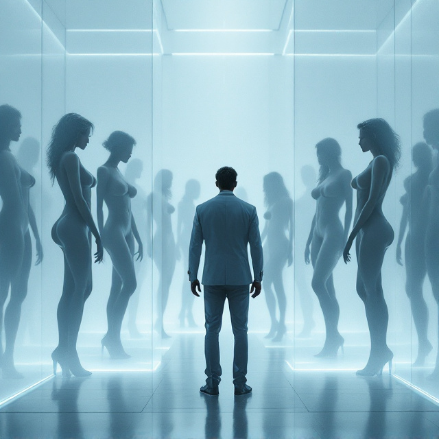 A lone male figure is positioned centrally, viewed from behind, standing in a pristine white chamber. The scene is obscured by frosted glass, through which ghostly silhouettes of 12 female bodies are visible. The women appear curvaceous and seductive, emphasizing suggestive postures and minimal clothing. The white chamber is backlit with a cold, sterile neon glow, giving a sense of detachment and control. The frosty texture on the glass is streaked slightly, as if smudged from observation. The color palette includes icy whites, muted grays, and occasional splashes of light blue, creating a futuristic and sterile ambiance. The tension is palpable as the male figure, dressed minimally yet stylishly, stands in subtle defiance.