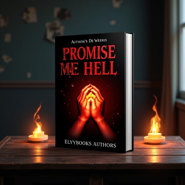 A haunting image of a pair of clasped hands, glowing faintly against a dark crimson and black background, as if illuminated by fire. In the background, subtle shapes of a dilapidated room with torn curtains visible through the hazy smoke. Bold splashes of red mimic blood stains or abstract violence, while fiery embers lightly scatter from the bottom edge, adding intensity.