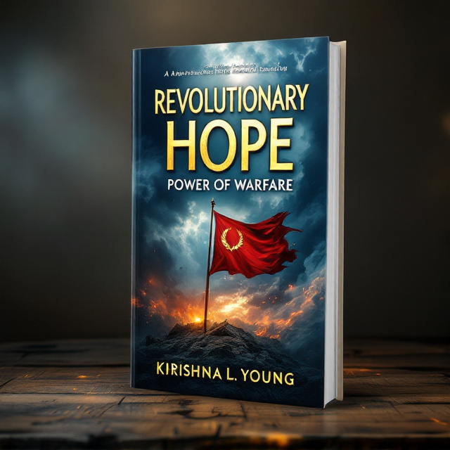 A stormy battlefield fills the lower half of the book cover, with dark clouds swirling ominously above, transitioning to a break of light blue sky and radiant sun rays in the upper half, symbolizing hope and triumph. In the foreground, amidst the smoky aftermath of war, stands a slightly tattered red flag planted firmly into the charred ground. The flag waves boldly, displaying a yellow-gold shield with a laurel wreath emblem at its center. The overall mood captures both the trauma and the joy of overcoming through spirituality and resilience.