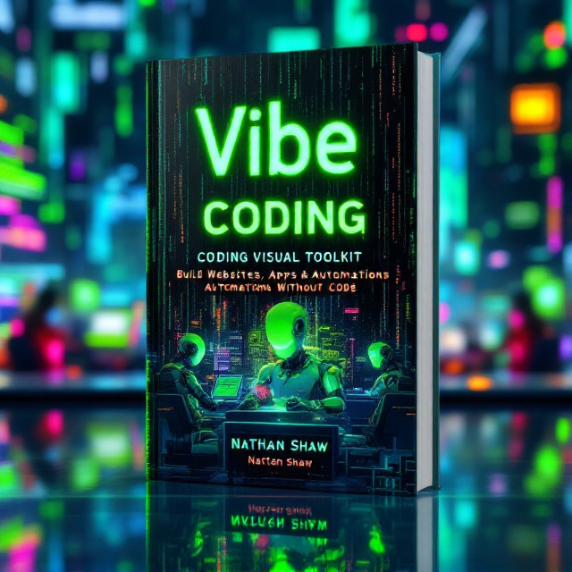 The cover features an electrifying, neon-like scene with a handful of futuristic robots, illuminated in glowing bright green and cyan hues, sitting at modern workstations. Each robot is shown working on screens with streams of vibrant code and holographic visual effects. The background is filled with layers of semi-transparent lines of code and symbols in a cascading Matrix-like fashion, creating a powerful tech-driven atmosphere. Accents of magenta and electric blue are scattered to enhance the neon effect.