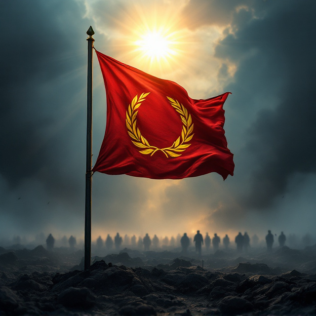 A dramatic scene unfolds with dark, smoky war grounds at the bottom of the cover, portraying the aftermath of a fierce battle. In the middle ground, there’s a slightly tattered yet standing red flag with a centered yellow-gold shield engraved with a laurel wreath, anchored firmly into the ground and waving proudly amid the haze. The background transitions from stormy dark clouds on the lower half to glowing light blue skies at the top, with radiant sun rays descending from above, symbolizing hope and triumph. War emblems like uniforms, helmets, and faint silhouettes of military imagery are subtly embedded in the smokey foreground.