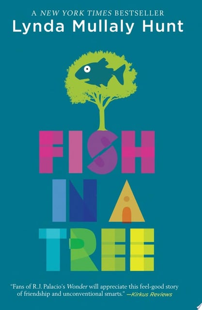 The cover features a stylized tree with a fish silhouette cut into the foliage, placed against a solid teal background. The title is stacked vertically in vibrant colors.