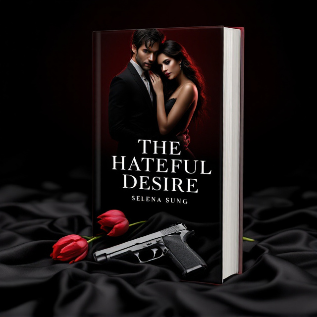 A dark and moody background of deep burgundy fading into black, with a pair of red tulips at the center of the image. The tulips are laid delicately across a sleek, gleaming handgun resting on a bed of slightly wrinkled satin fabric. In the foreground, a spicy, alluring couple is positioned – the man with a strong and guarded expression, dressed sharply but disheveled, and the woman looking fierce yet sensual, in an elegant but provocative pose. Subtle shadows emphasize the passionate intensity of their connection while the red tulips and the gun signify danger intertwined with desire.
