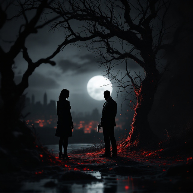 A dark, shadowy scene with a lone man in a black suit, standing partially turned toward the reader. His face is obscured, but his sharp silhouette is illuminated by faint moonlight reflecting off a nearby cityscape in the distance. Behind him, a faint shadow of a woman gazing into the horizon is barely detectable, mysterious and ethereal, suggesting her importance yet untold story. The man holds a gun, and the silhouetted branches of a barren tree stretch out near him as if framing the scene. The background is primarily dark with black and deep gray tones, while splashes of crimson-red highlight the title and key text, adding intensity.